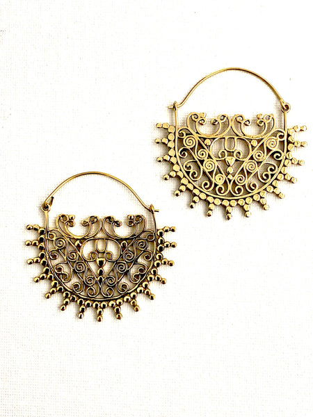Elegant Amara Brass Earrings featuring ornate filigree designs, exuding a blend of traditional craftsmanship and modern femininity.
